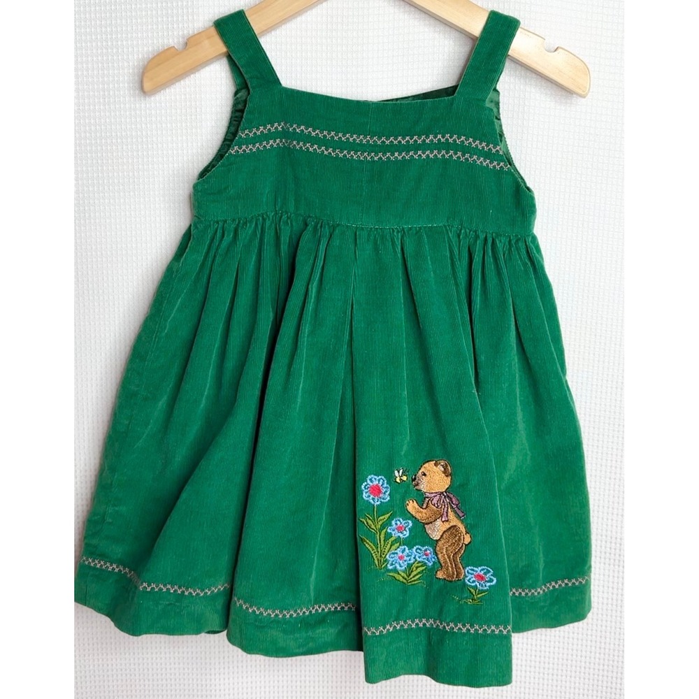 Vintage Homemade Green Corduroy Little Bear Inspired Embroidered Jumper Dress